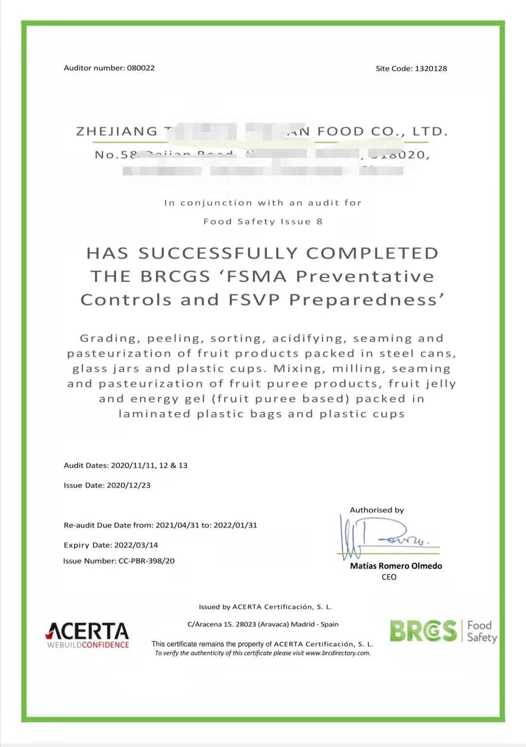 恭喜浙江XXX食品有限公司順利獲得BRC、IFS、FSMA證書！