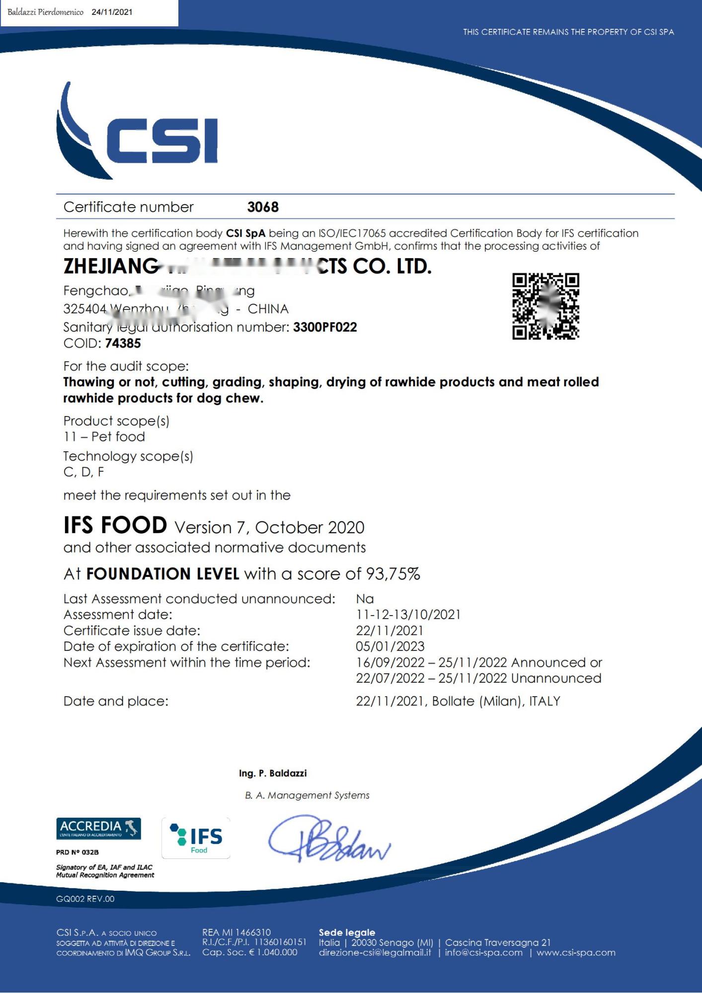 恭喜浙江XXX食品有限公司順利獲得BRC、IFS認(rèn)證證書！